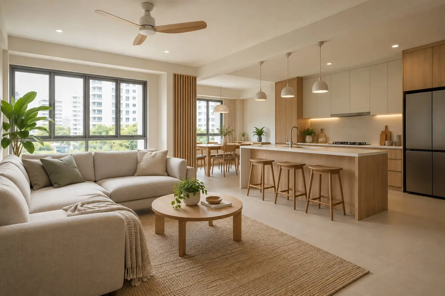 An empty, newly renovated open-plan 4-room HDB living area and kitchen in warm neutral tones