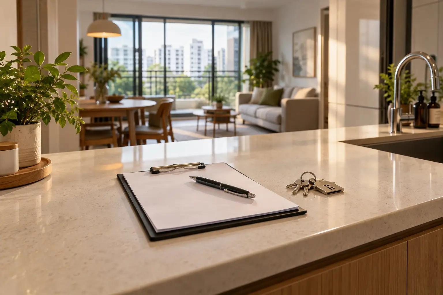 A clipboard, pen and keys on a clean kitchen countertop in a finished HDB flat at handover