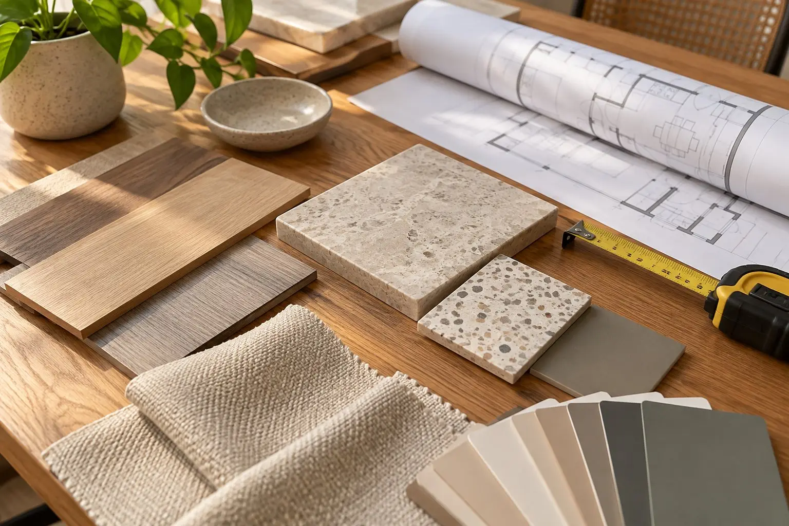 A warm flat-lay of laminate and stone swatches, a tape measure and a floor plan on a wooden table