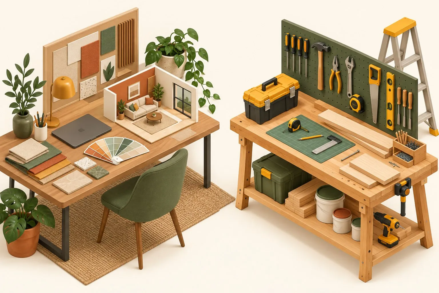 Isometric illustration comparing an interior-design studio desk with a contractor toolkit