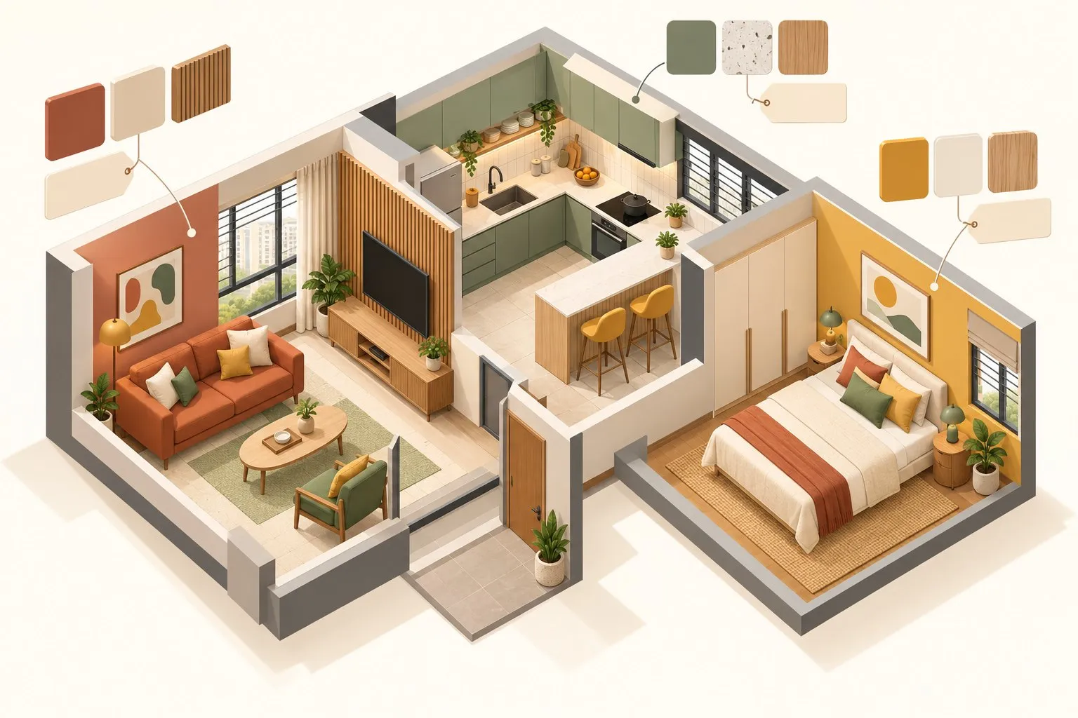 Isometric illustration of a flat layout with cost labels and material swatches