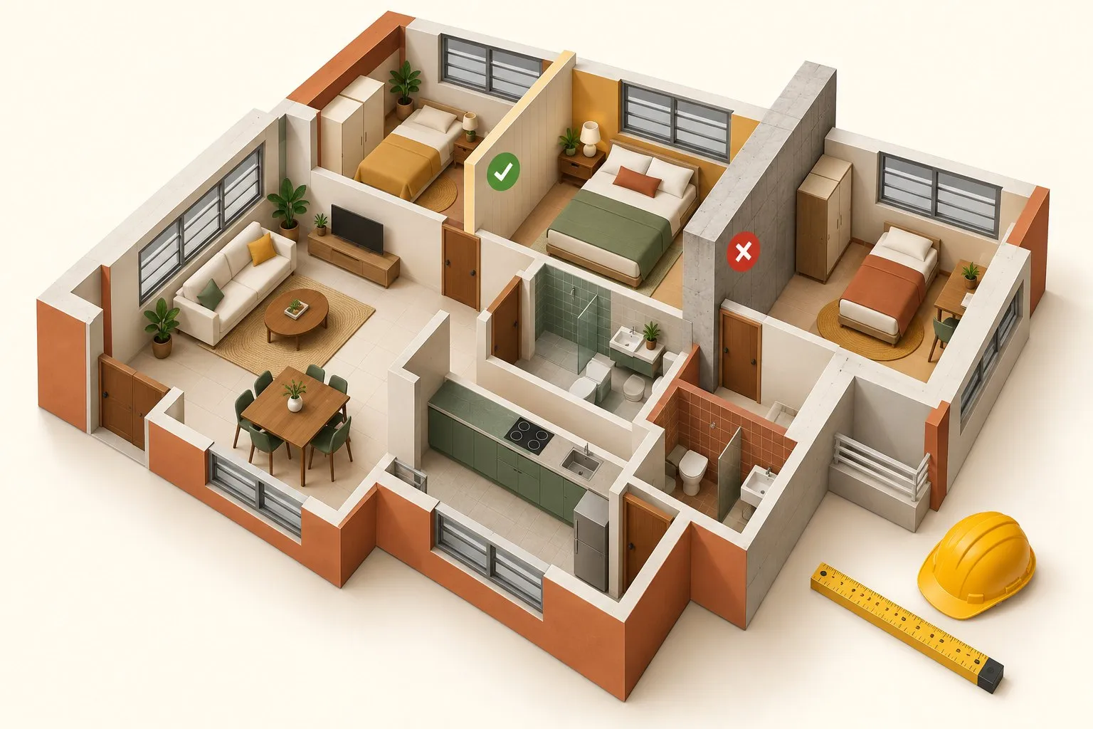 Isometric illustration of HDB rooms showing walls marked for permitted and non-permitted hacking