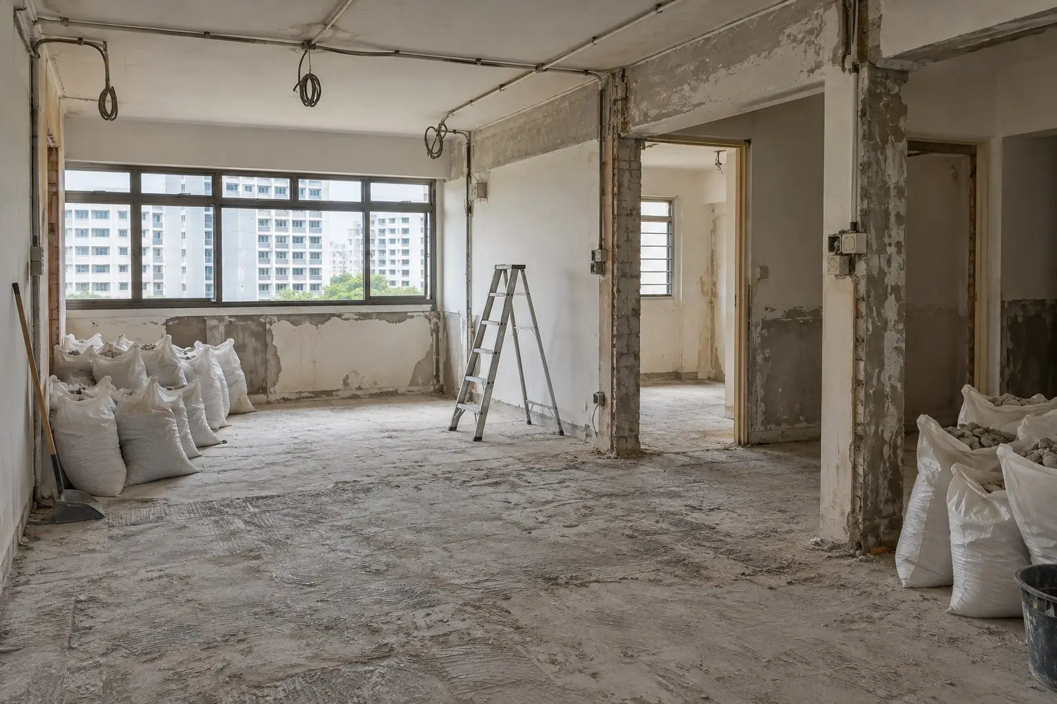 An older HDB flat mid-renovation with bare cement floor after tile hacking and a step ladder